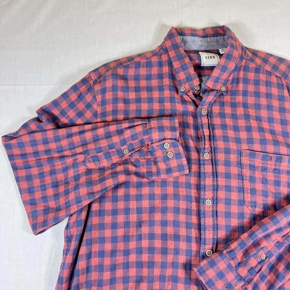 ROWM Mens XL Pink Blue Gingham Button Front Shirt Long Sleeve Casual Cotton